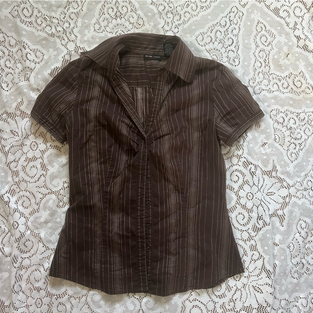 New York & Company Chocolate Dotted Blouse